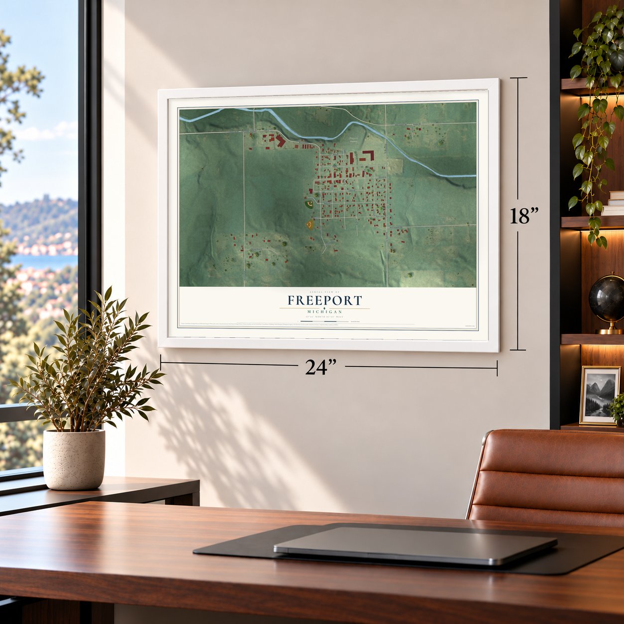 Freeport, Michigan map, 18 x 24 inch print in a white frame in a home office