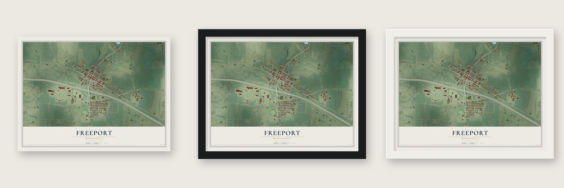 Freeport, Minnesota map unframed, in a black wood frame and in a white wood frame