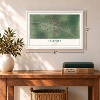 Freeport, Minnesota map, 12 x 18 inch print in a white frame in an entryway