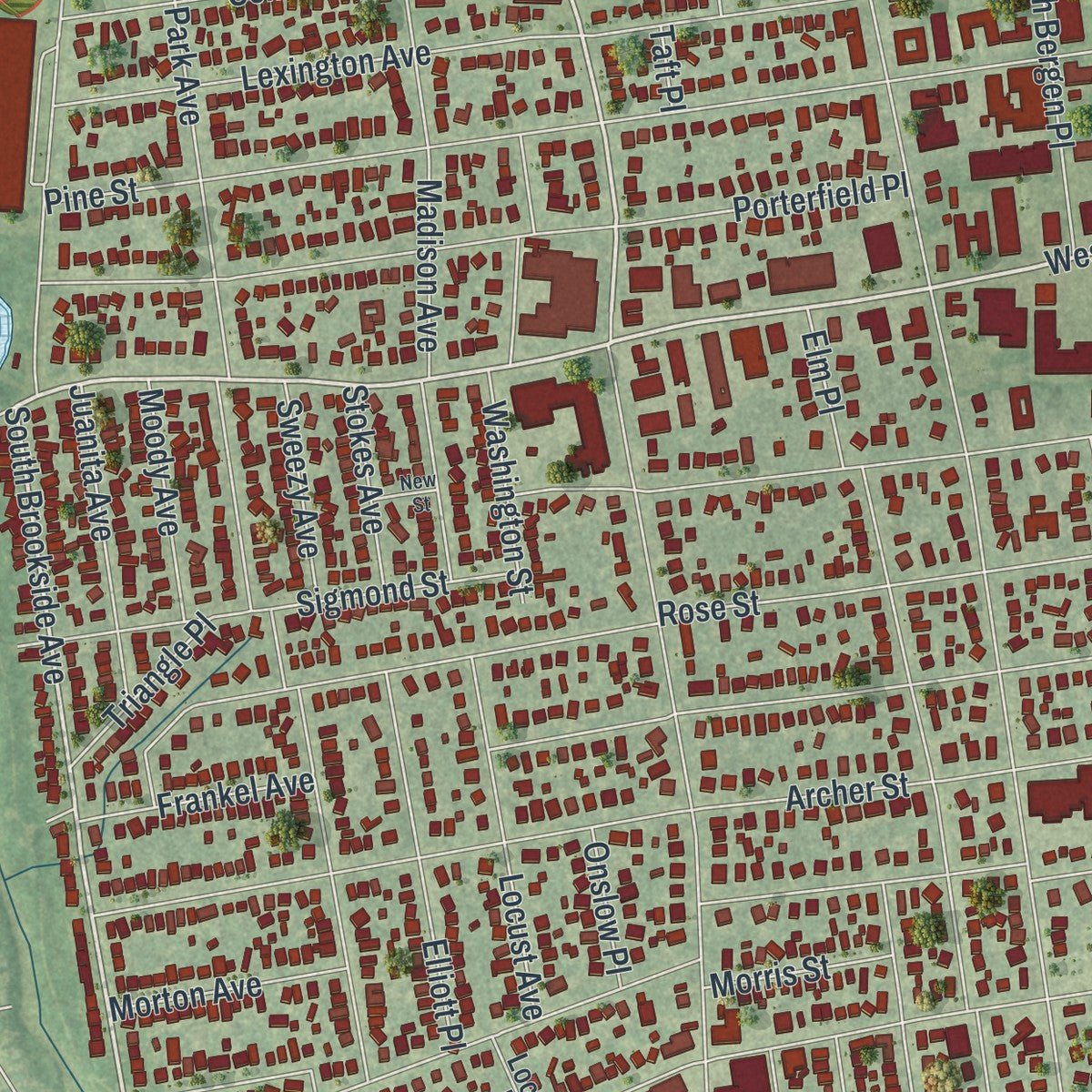 Second close-up of the map of Freeport, New York print showing more streets and buildings