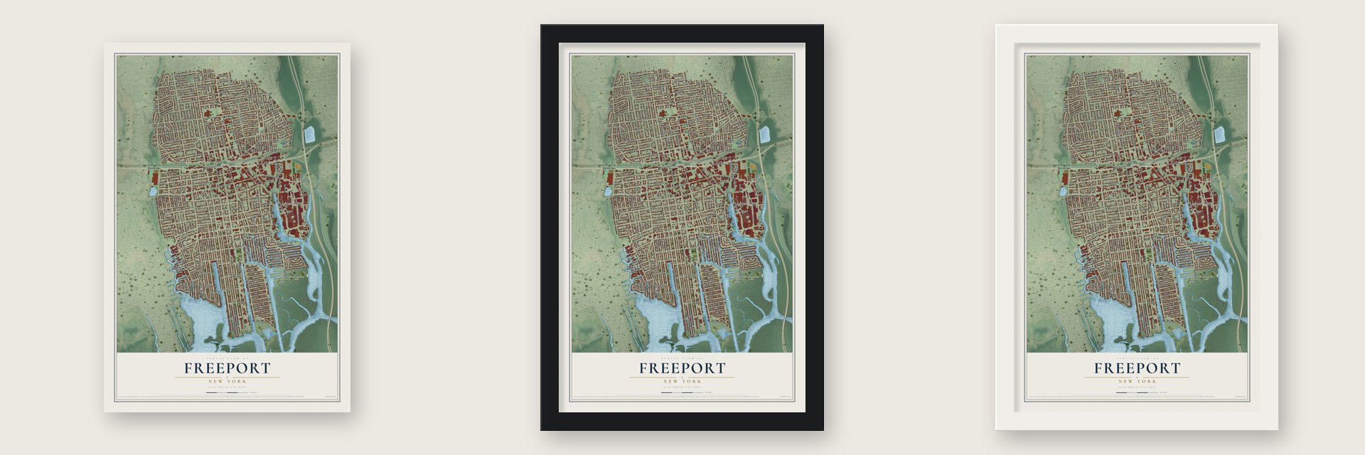 Freeport, New York map unframed, in a black wood frame and in a white wood frame
