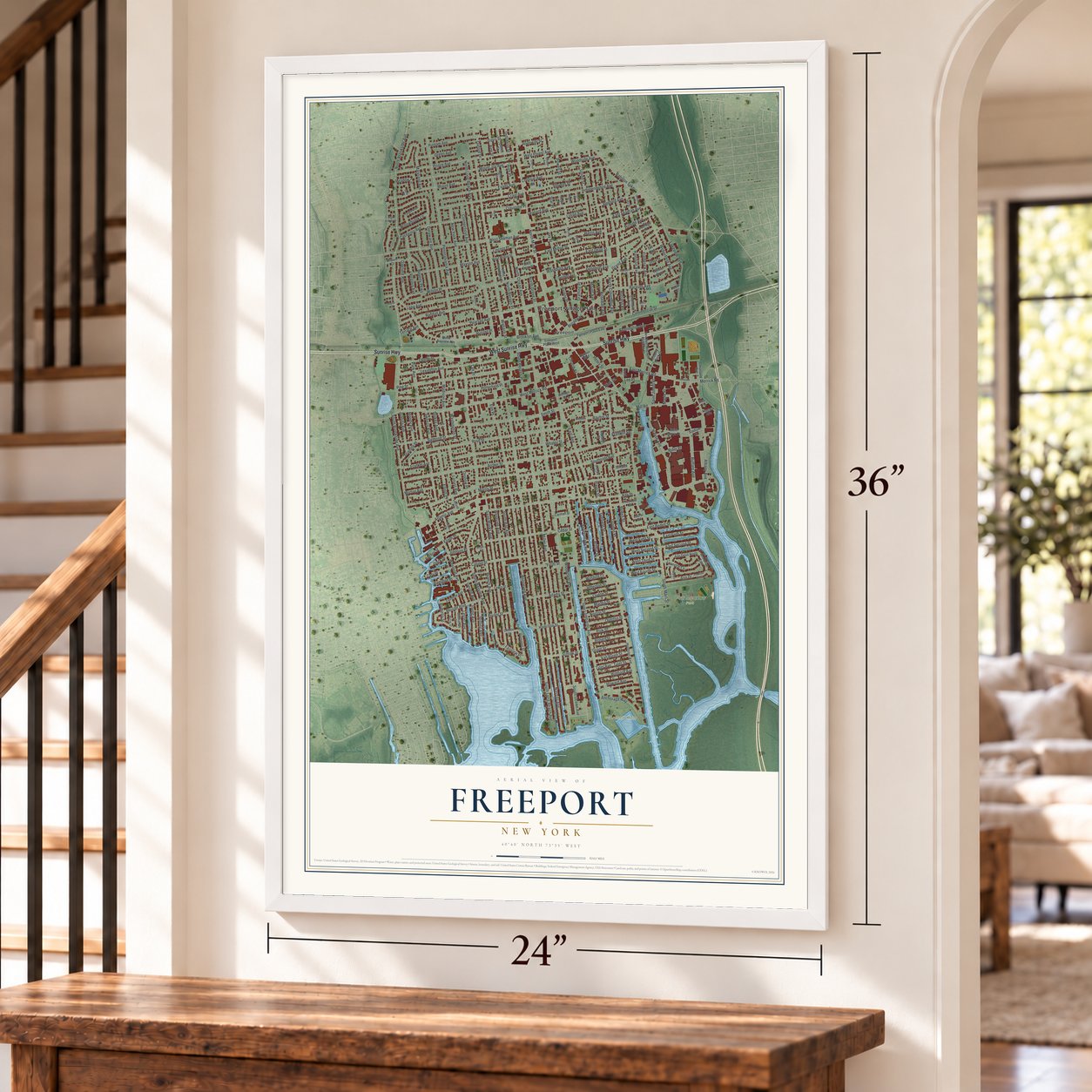 Freeport, New York map, 24 x 36 inch print in a white frame by a staircase