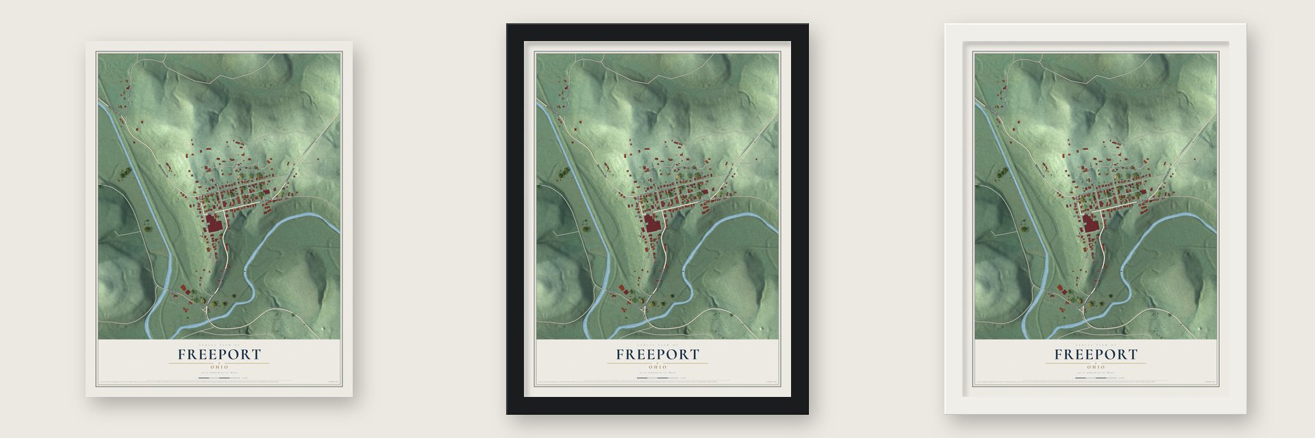 Freeport, Ohio map unframed, in a black wood frame and in a white wood frame