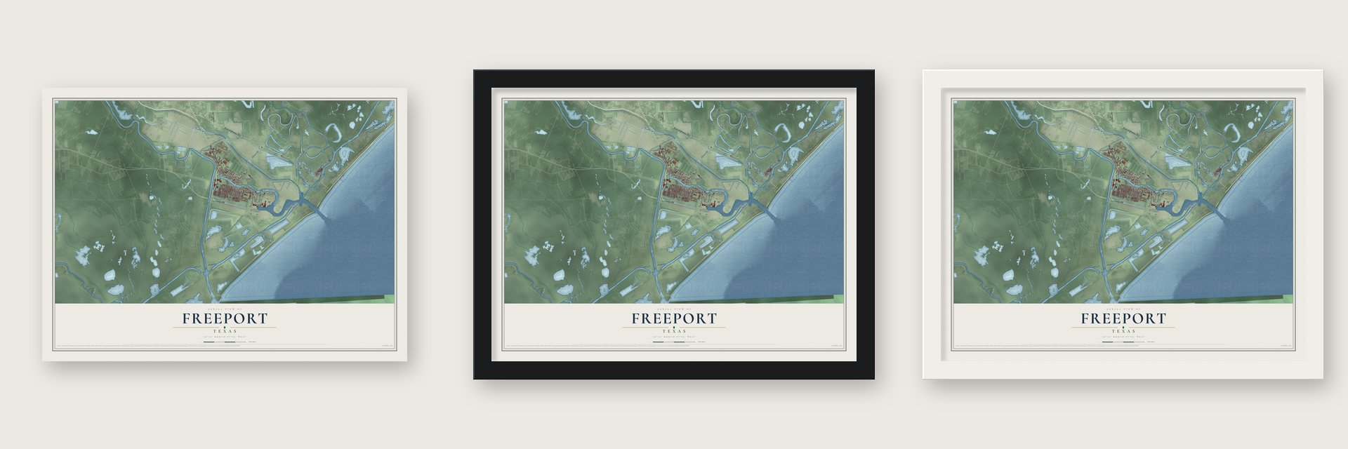Freeport, Texas map unframed, in a black wood frame and in a white wood frame