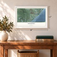 Freeport, Texas map, 12 x 18 inch print in a white frame in an entryway