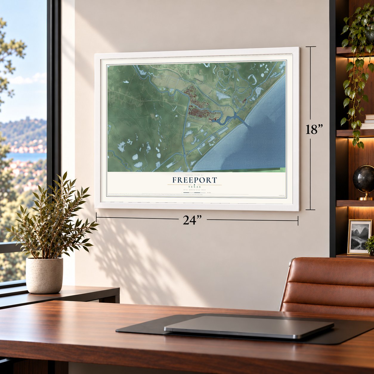 Freeport, Texas map, 18 x 24 inch print in a white frame in a home office
