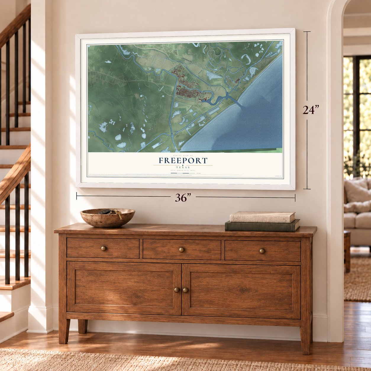 Freeport, Texas map, 24 x 36 inch print in a white frame above a dresser by a staircase