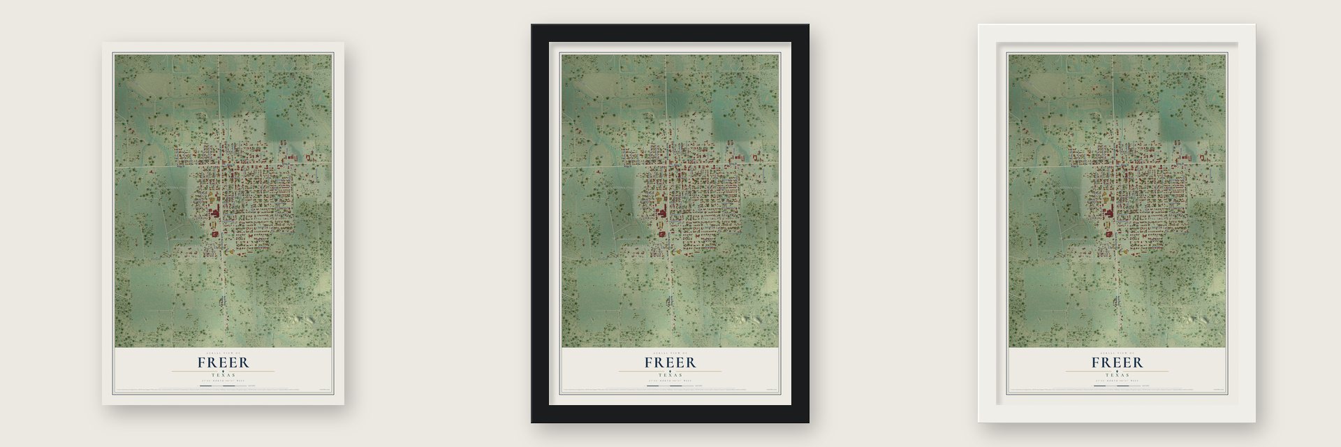 Freer, Texas map unframed, in a black wood frame and in a white wood frame