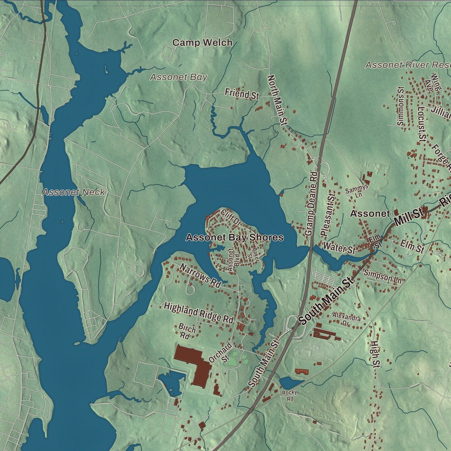 Close-up of the map of Freetown, Massachusetts print showing terrain and local geography