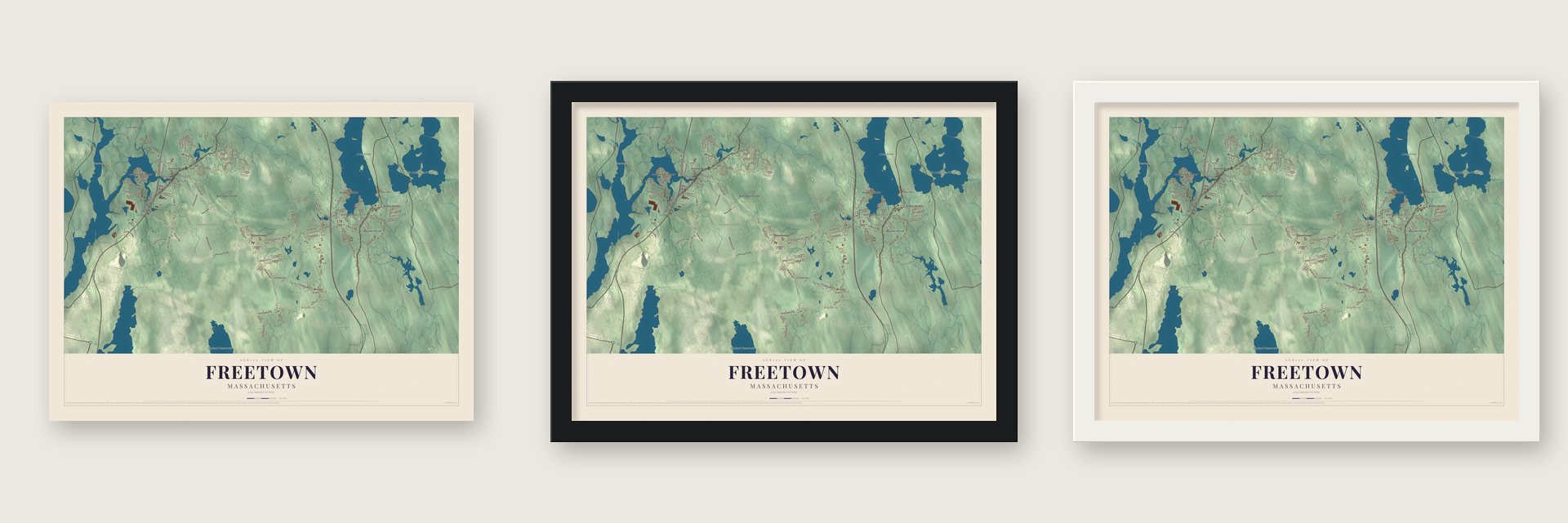 Freetown, Massachusetts map unframed, in a black wood frame and in a white wood frame