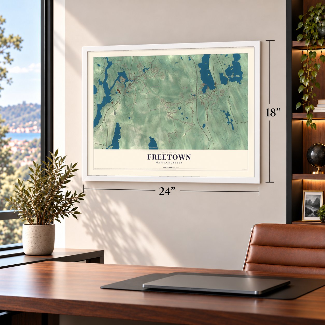 Freetown, Massachusetts map, 18 x 24 inch print in a white frame in a home office