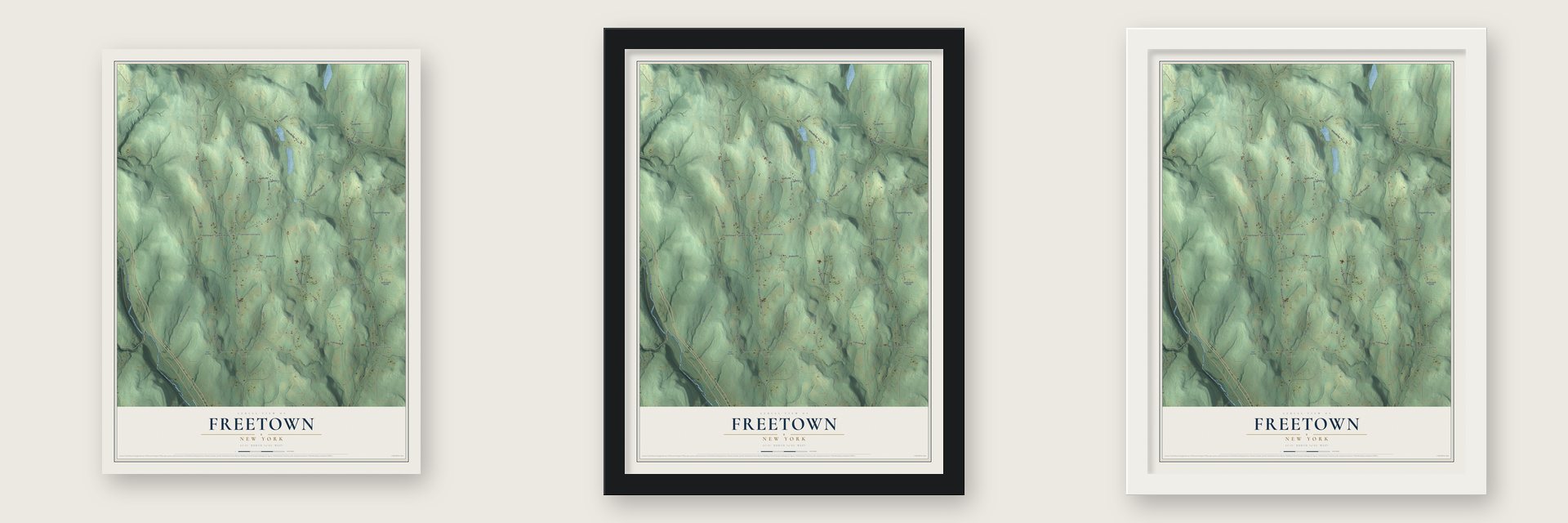Freetown, New York map unframed, in a black wood frame and in a white wood frame