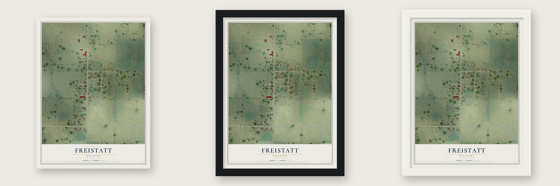 Freistatt, Missouri map unframed, in a black wood frame and in a white wood frame