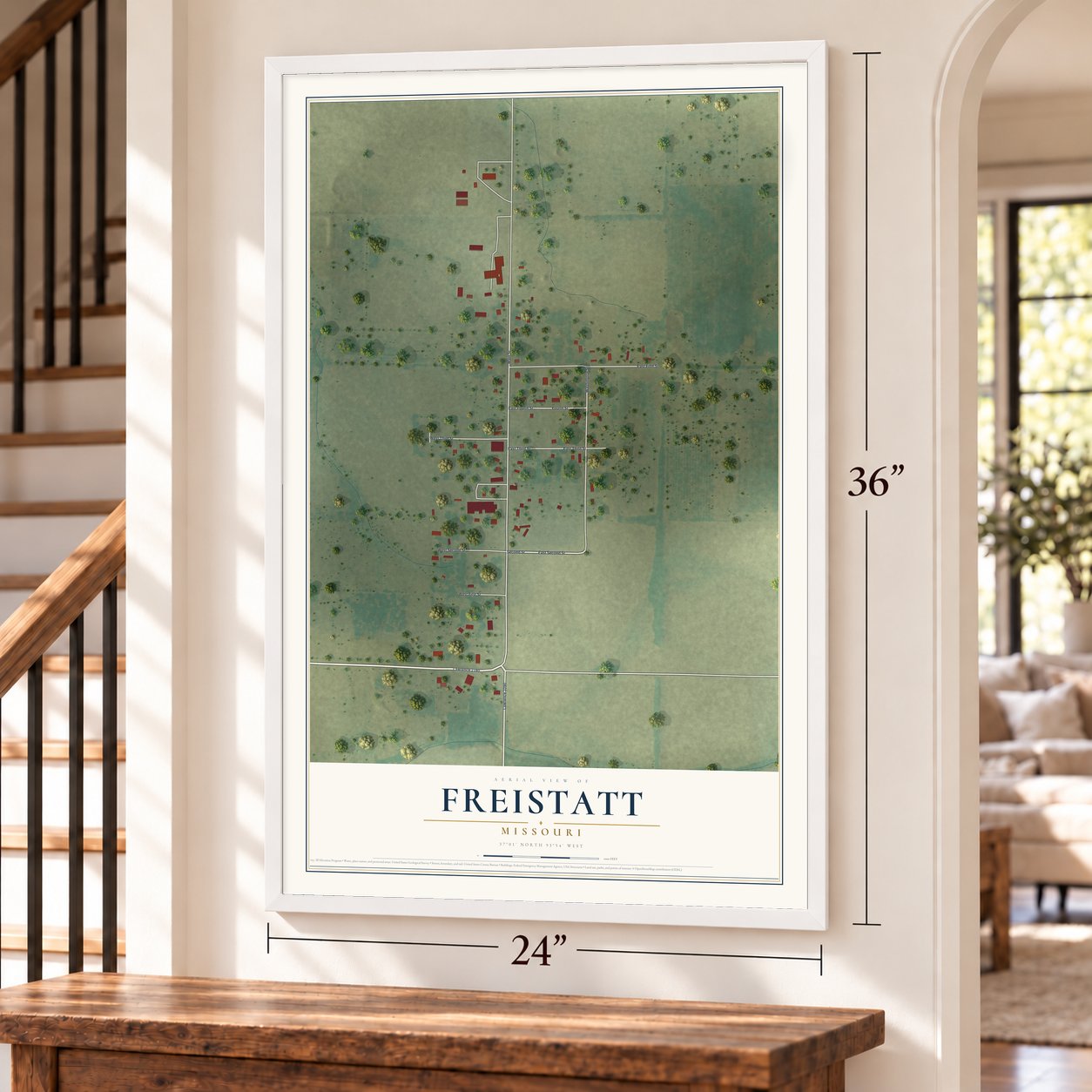 Freistatt, Missouri map, 24 x 36 inch print in a white frame by a staircase