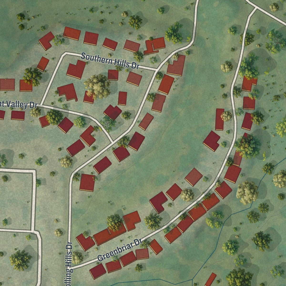Second close-up of the map of Fremont Hills, Missouri print showing more streets and buildings