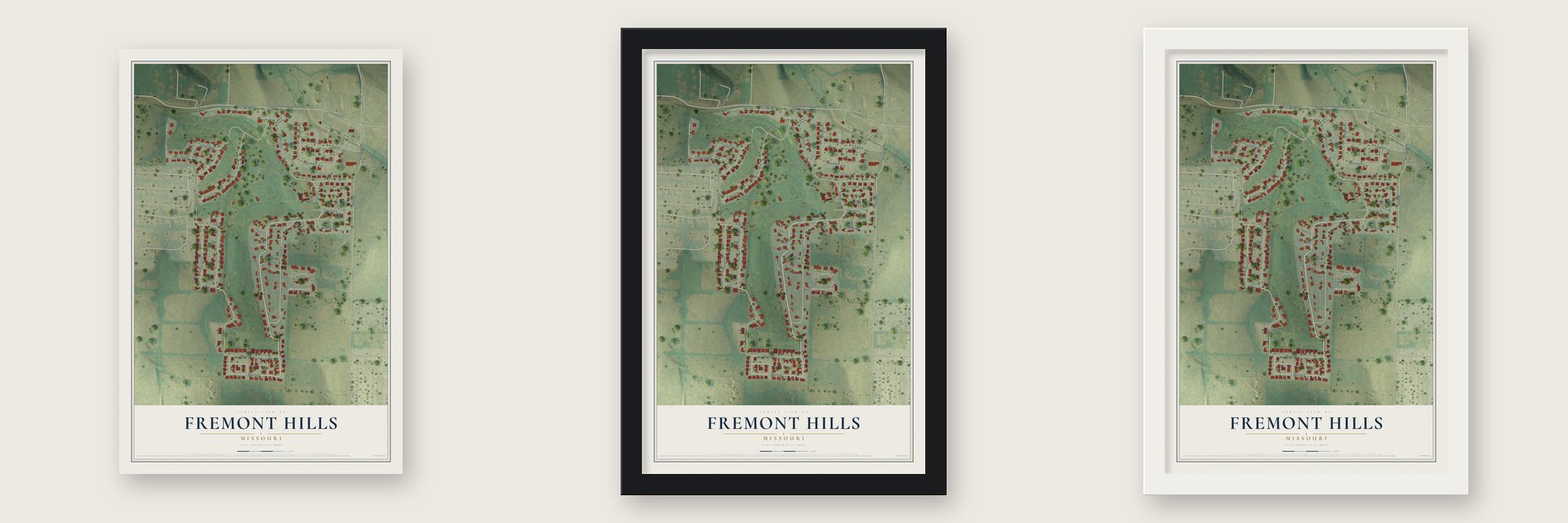 Fremont Hills, Missouri map unframed, in a black wood frame and in a white wood frame
