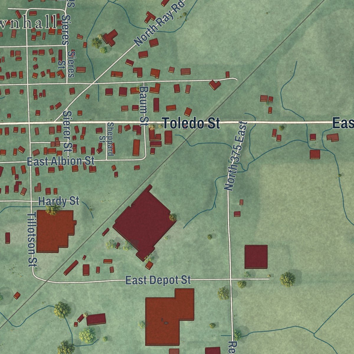 Second close-up of the map of Fremont, Indiana print showing more streets and buildings