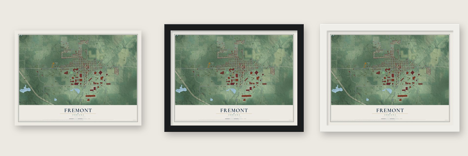 Fremont, Indiana map unframed, in a black wood frame and in a white wood frame