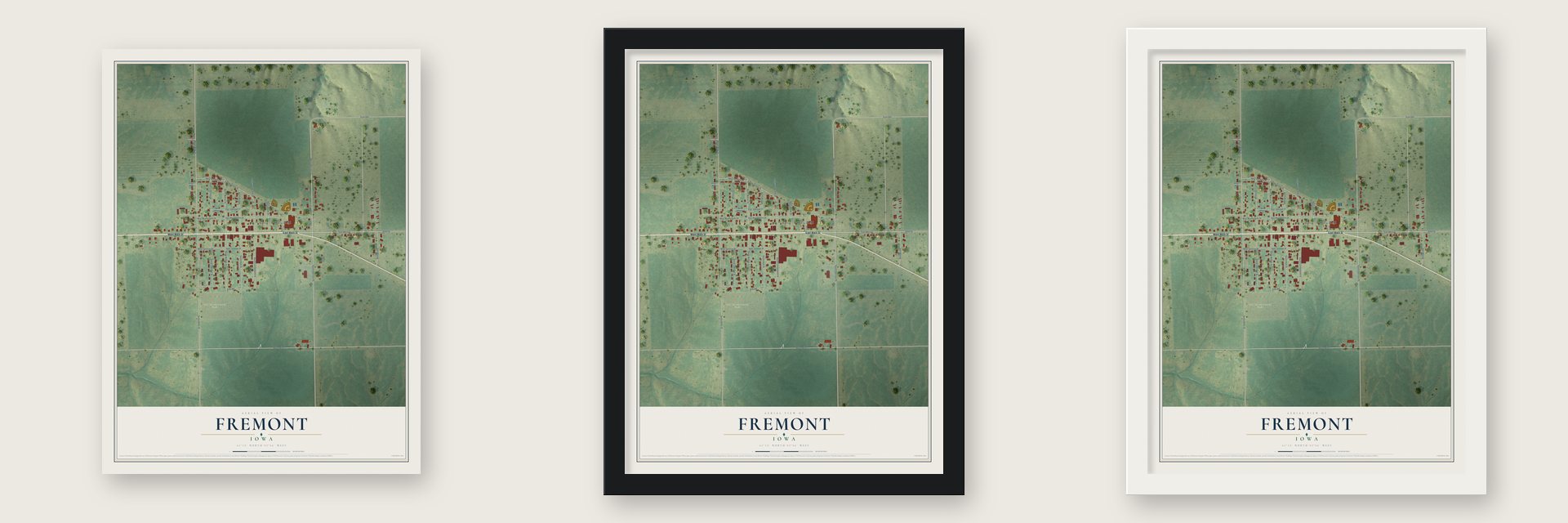 Fremont, Iowa map unframed, in a black wood frame and in a white wood frame