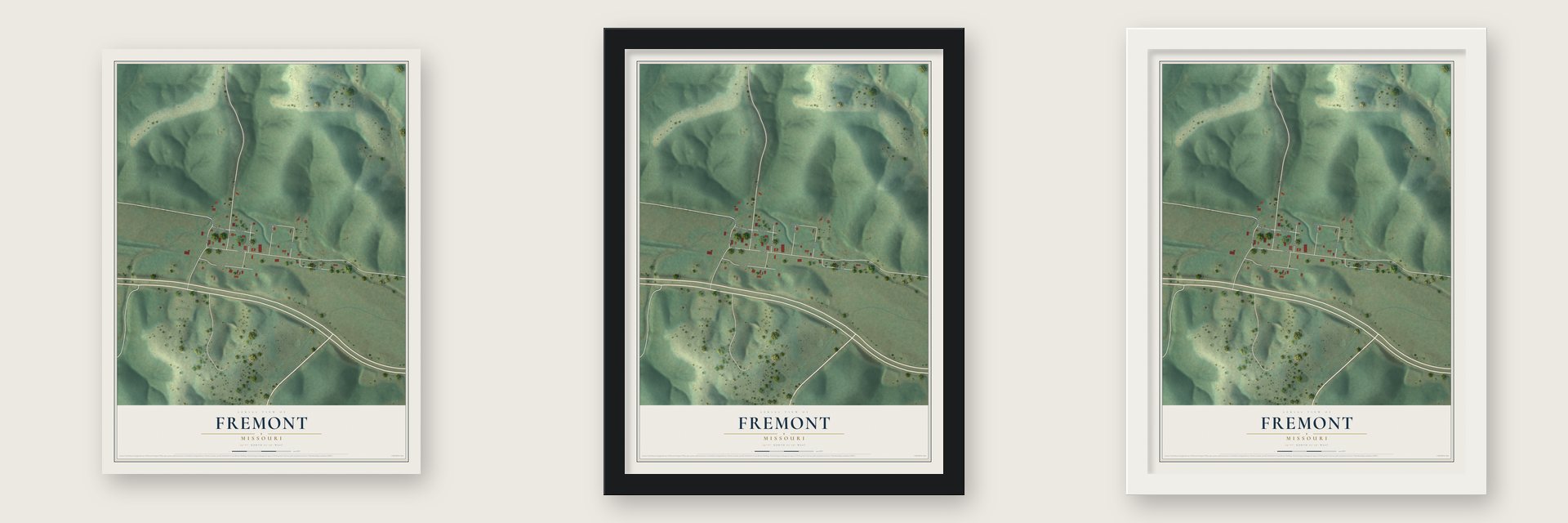 Fremont, Missouri map unframed, in a black wood frame and in a white wood frame