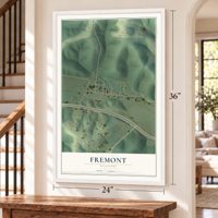Fremont, Missouri map, 24 x 36 inch print in a white frame by a staircase
