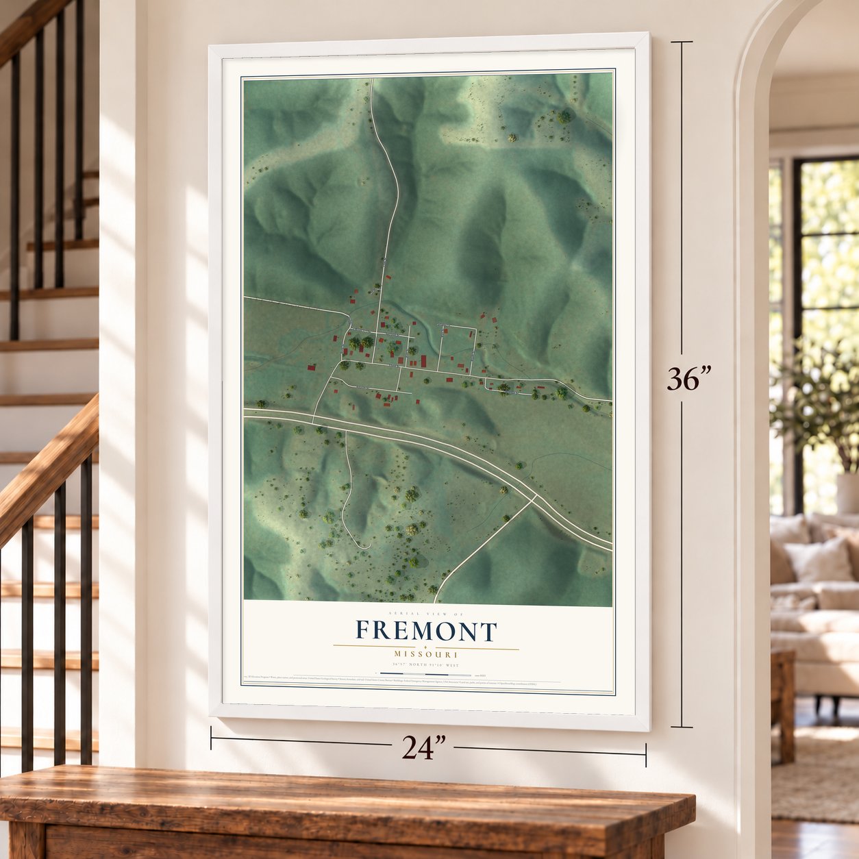Fremont, Missouri map, 24 x 36 inch print in a white frame by a staircase