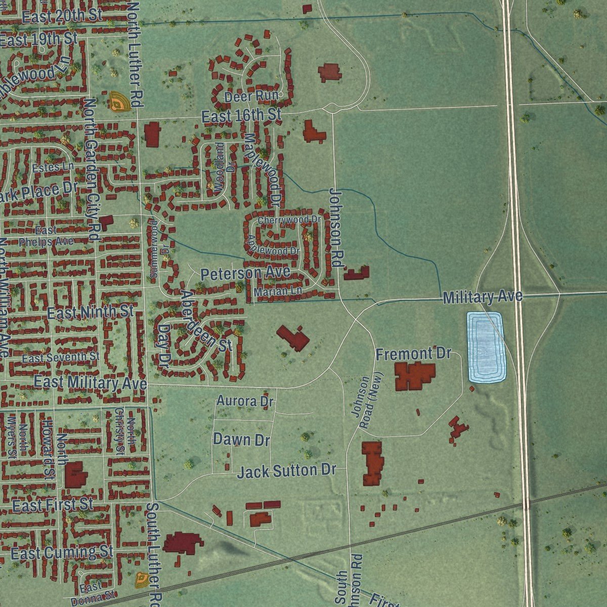 Second close-up of the map of Fremont, Nebraska print showing more streets and buildings