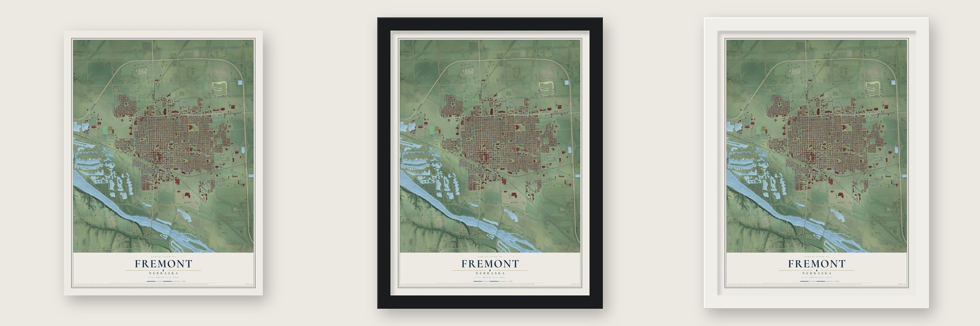 Fremont, Nebraska map unframed, in a black wood frame and in a white wood frame