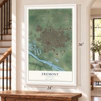 Fremont, Nebraska map, 24 x 36 inch print in a white frame by a staircase