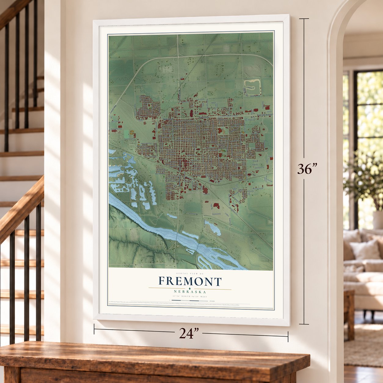 Fremont, Nebraska map, 24 x 36 inch print in a white frame by a staircase