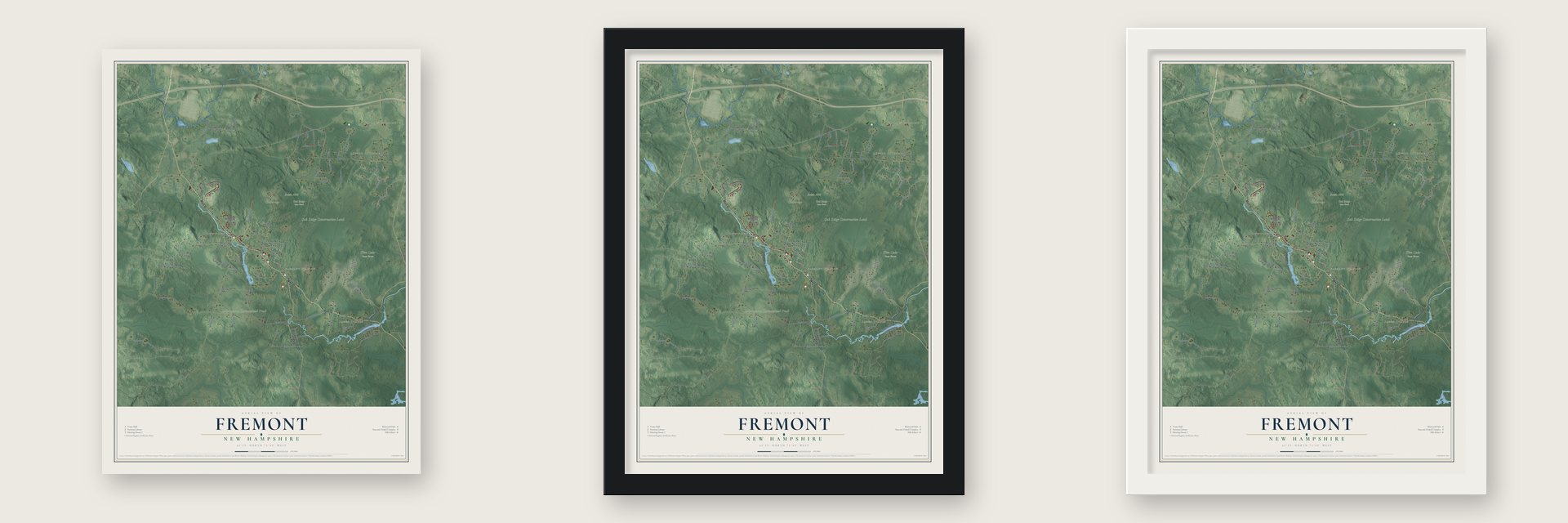 Fremont, New Hampshire map unframed, in a black wood frame and in a white wood frame