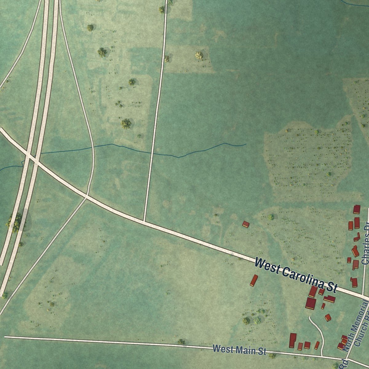 Second close-up of the map of Fremont, North Carolina print showing more streets and buildings