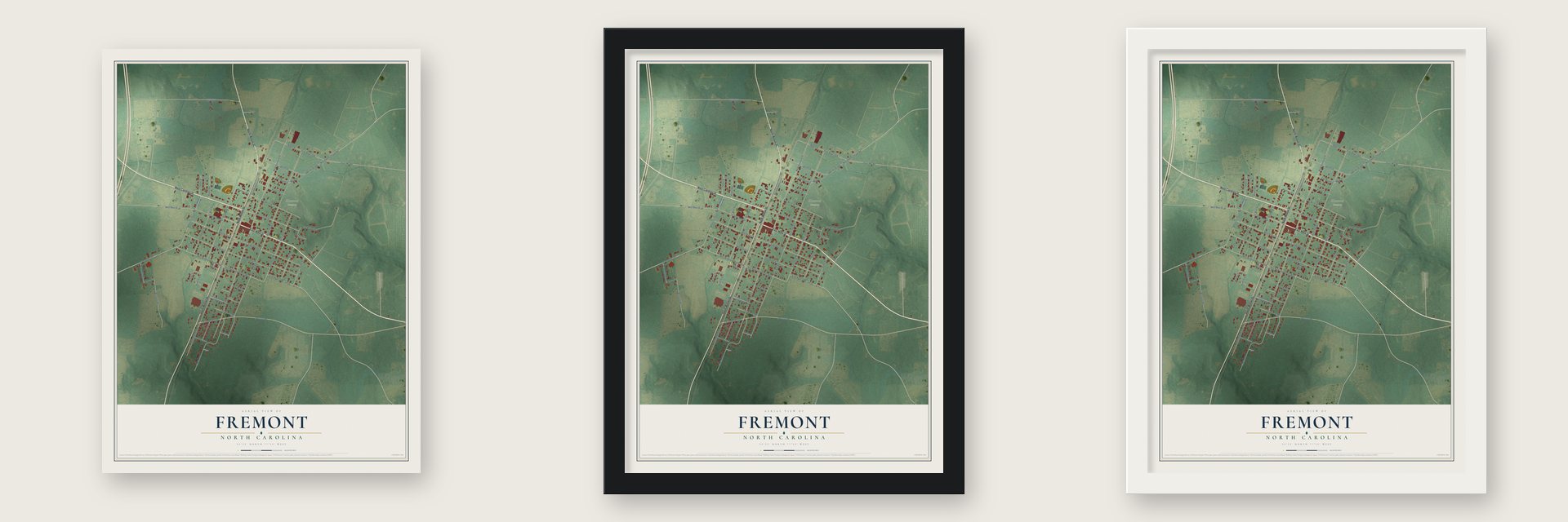 Fremont, North Carolina map unframed, in a black wood frame and in a white wood frame