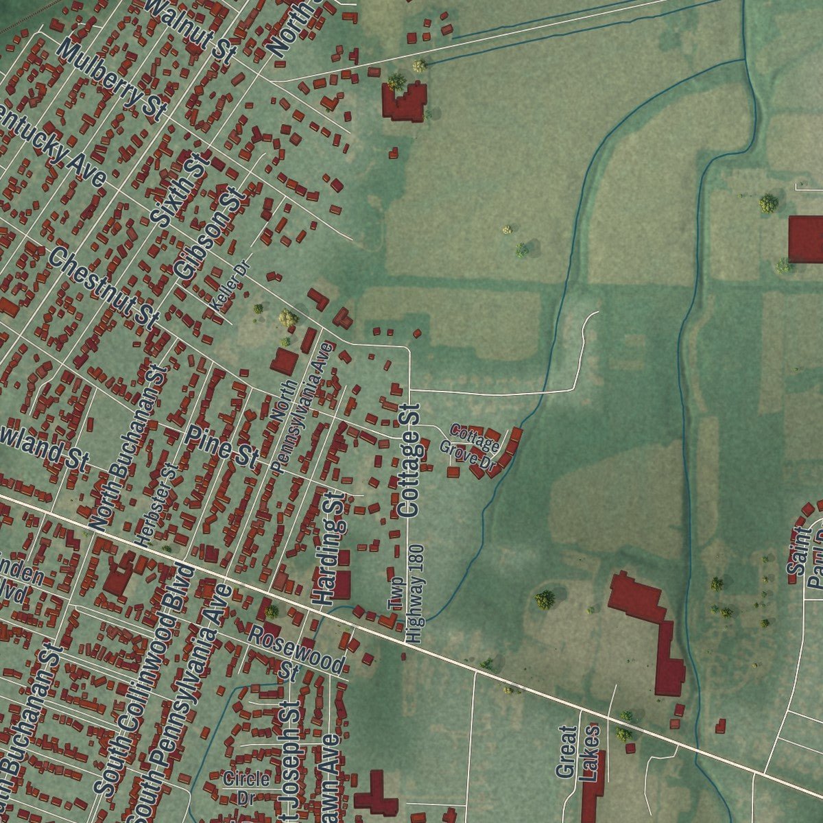 Second close-up of the map of Fremont, Ohio print showing more streets and buildings