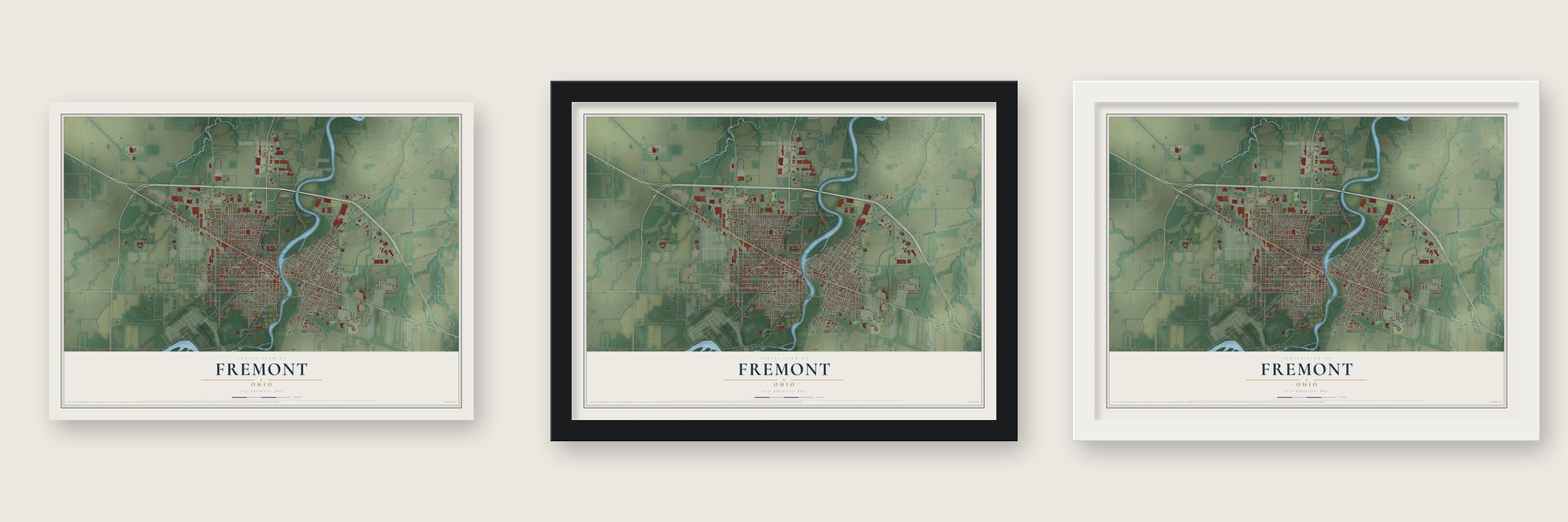 Fremont, Ohio map unframed, in a black wood frame and in a white wood frame
