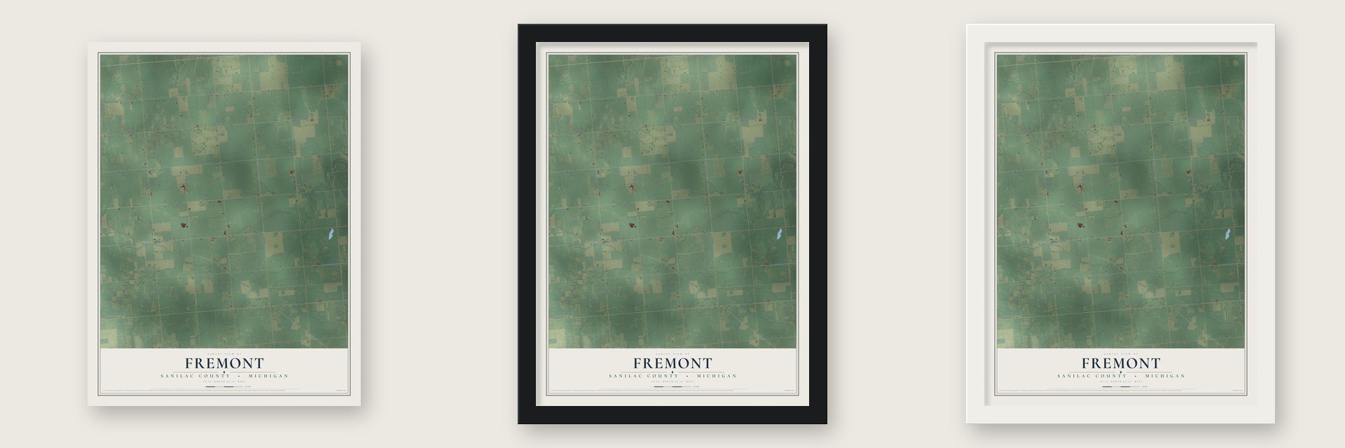 Fremont, Sanilac County, Michigan map unframed, in a black wood frame and in a white wood frame