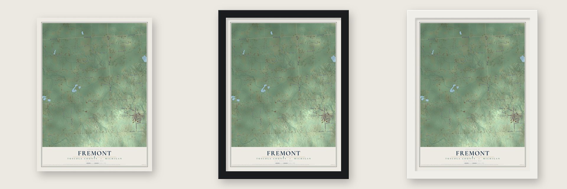 Fremont, Tuscola County, Michigan map unframed, in a black wood frame and in a white wood frame