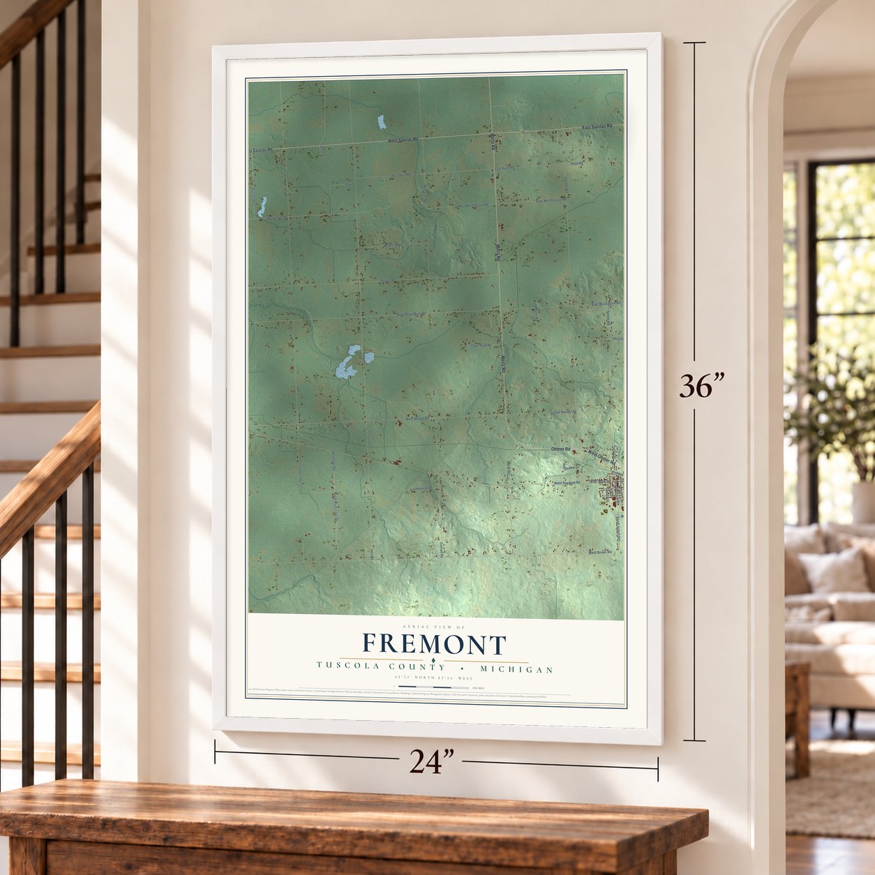 Fremont, Tuscola County, Michigan map, 24 x 36 inch print in a white frame by a staircase