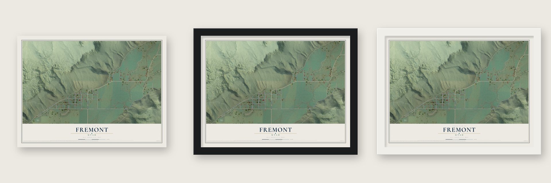Fremont, Utah map unframed, in a black wood frame and in a white wood frame