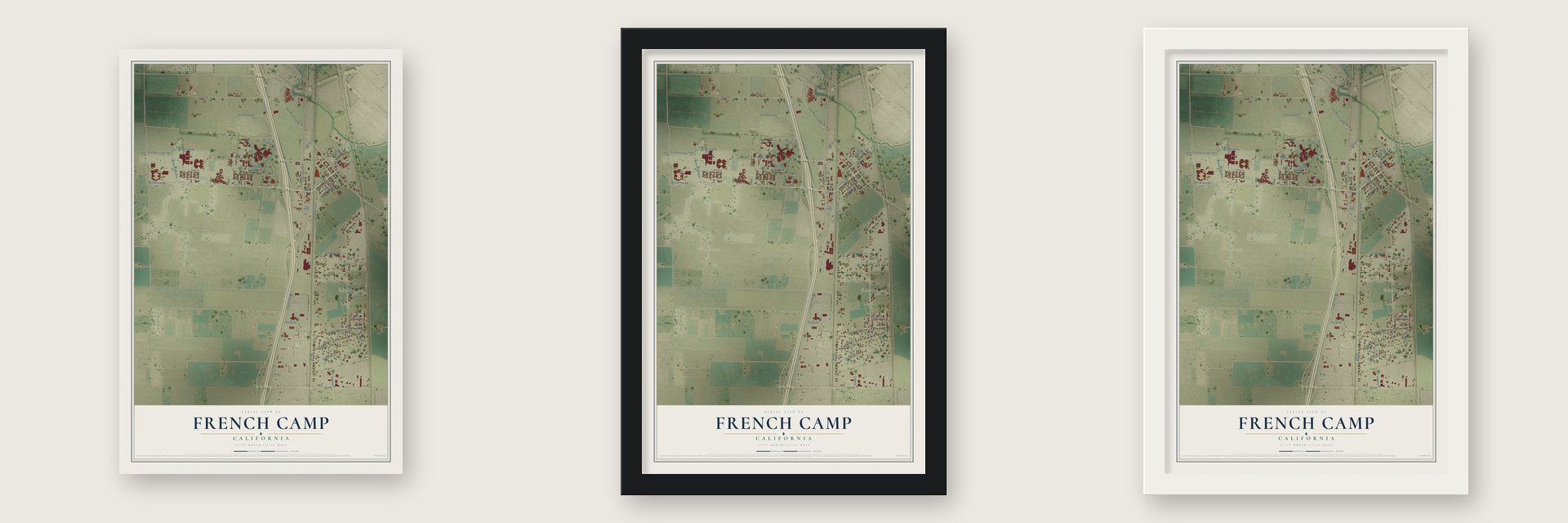 French Camp, California map unframed, in a black wood frame and in a white wood frame