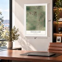 French Camp, California map, 18 x 24 inch print in a white frame in a home office