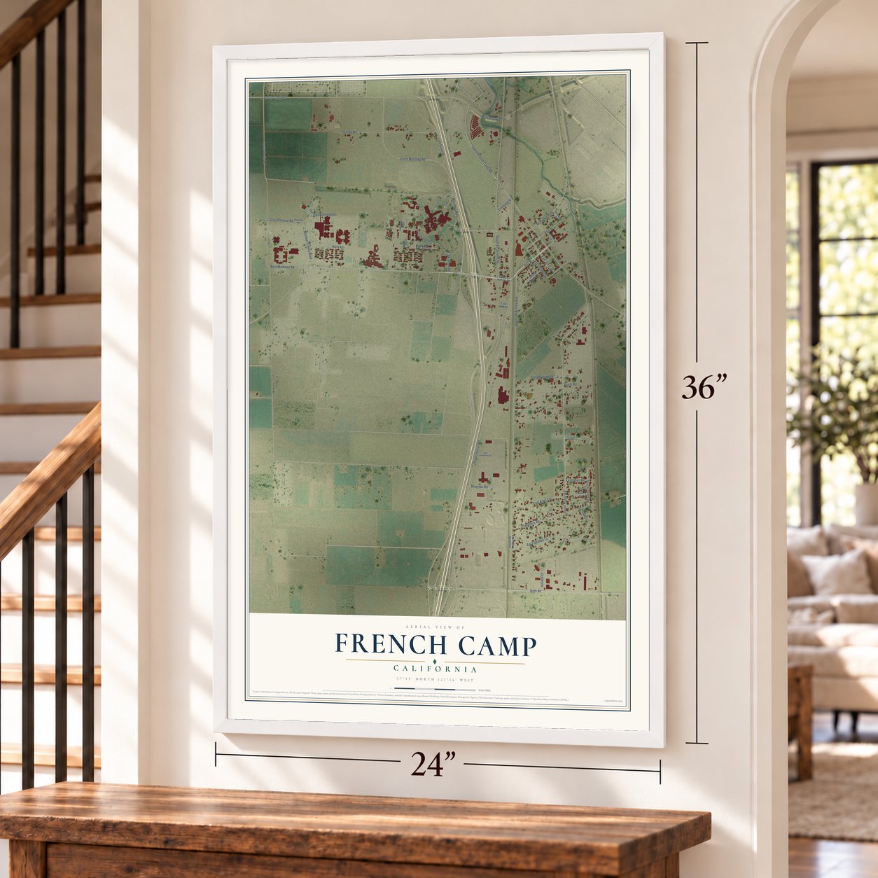 French Camp, California map, 24 x 36 inch print in a white frame by a staircase