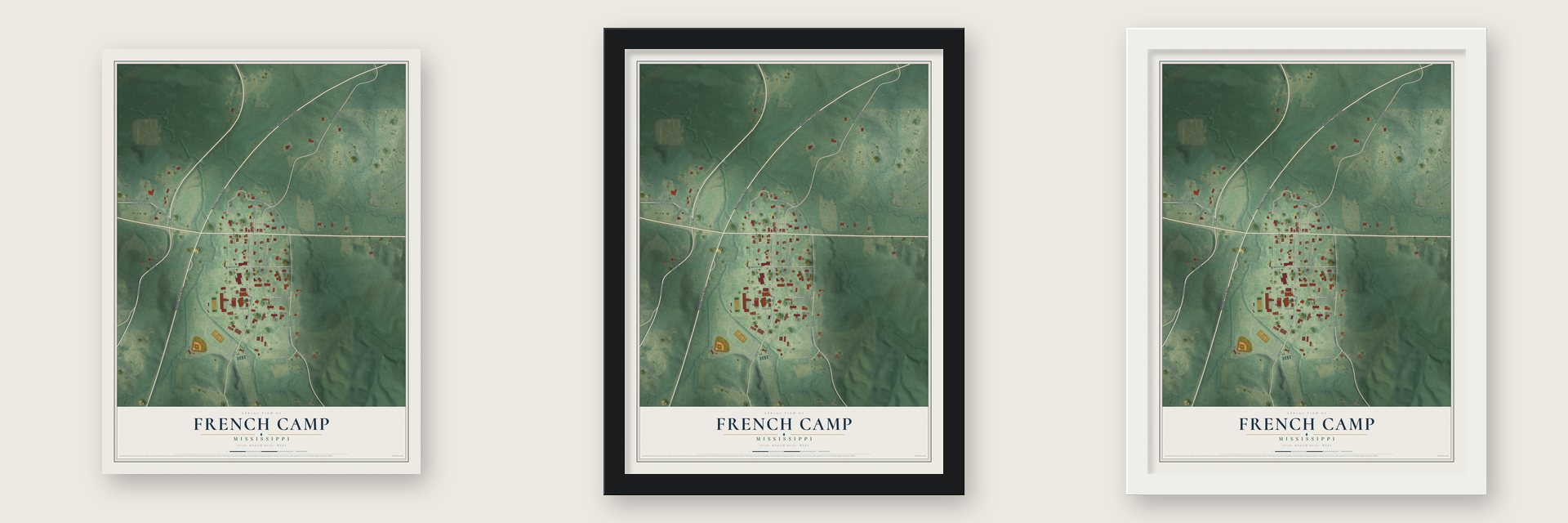 French Camp, Mississippi map unframed, in a black wood frame and in a white wood frame