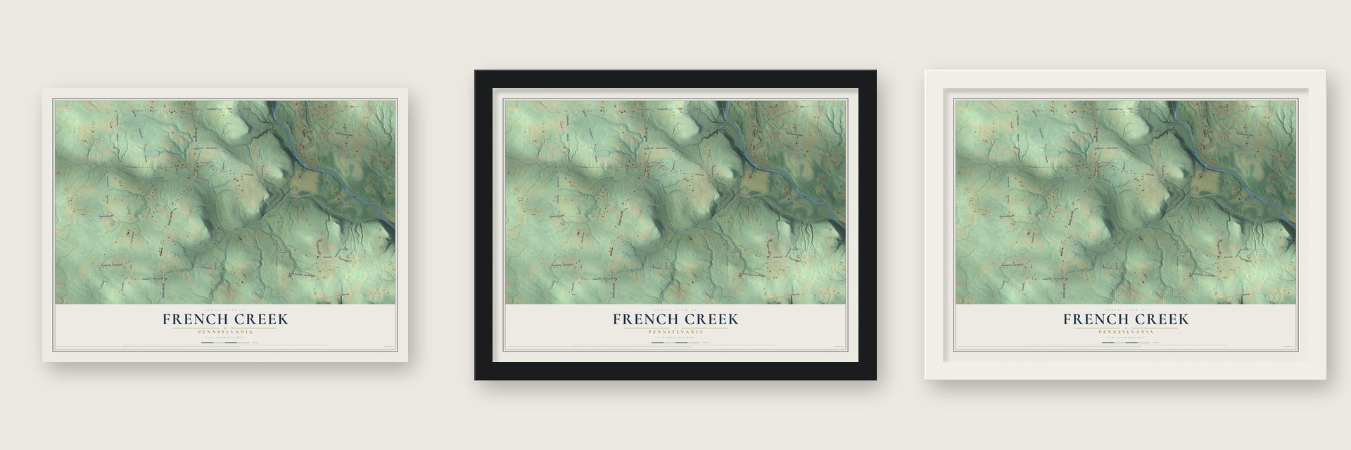 French Creek, Pennsylvania map unframed, in a black wood frame and in a white wood frame