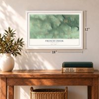 French Creek, Pennsylvania map, 12 x 18 inch print in a white frame in an entryway