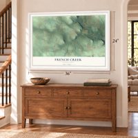 French Creek, Pennsylvania map, 24 x 36 inch print in a white frame above a dresser by a staircase