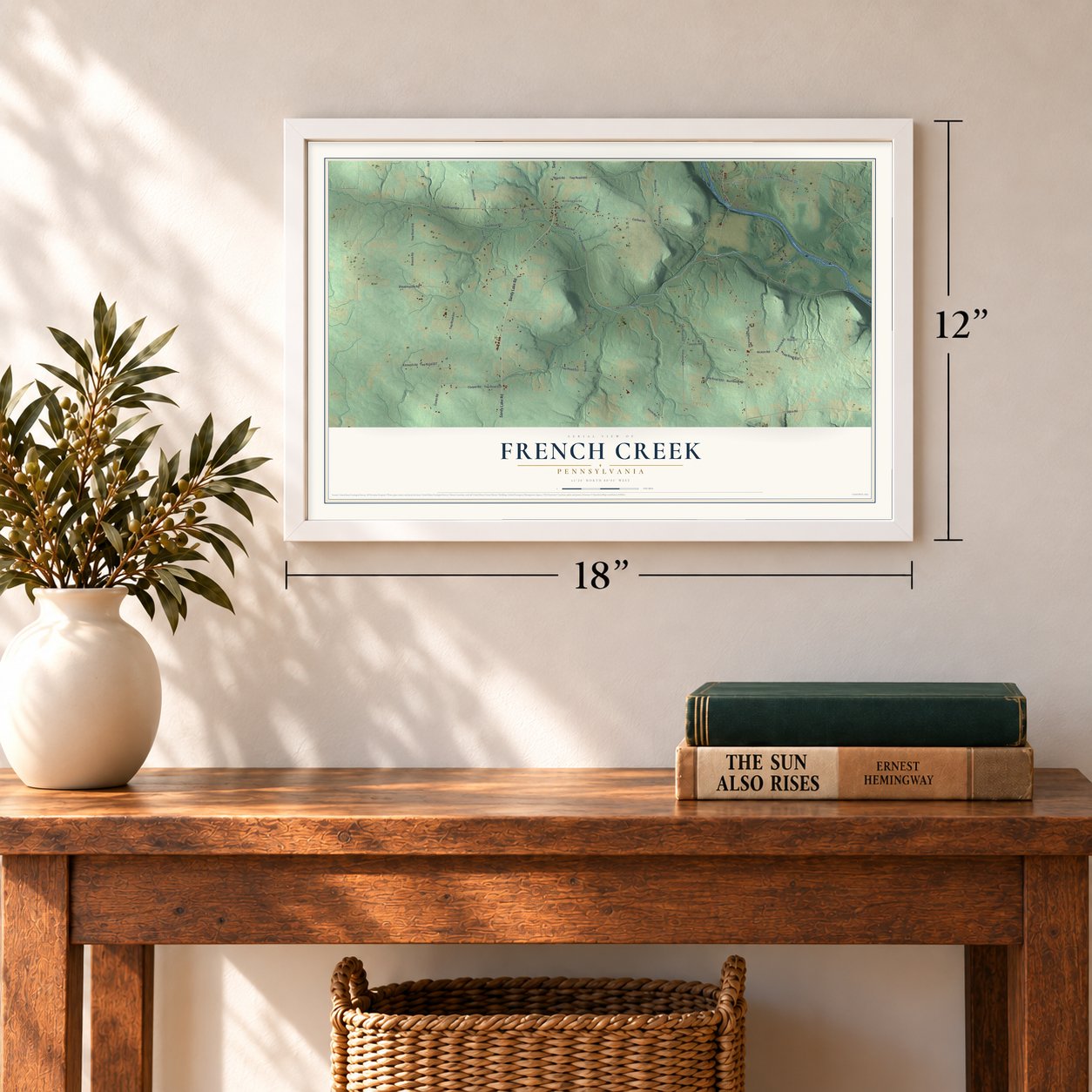 French Creek, Pennsylvania map, 12 x 18 inch print in a white frame in an entryway