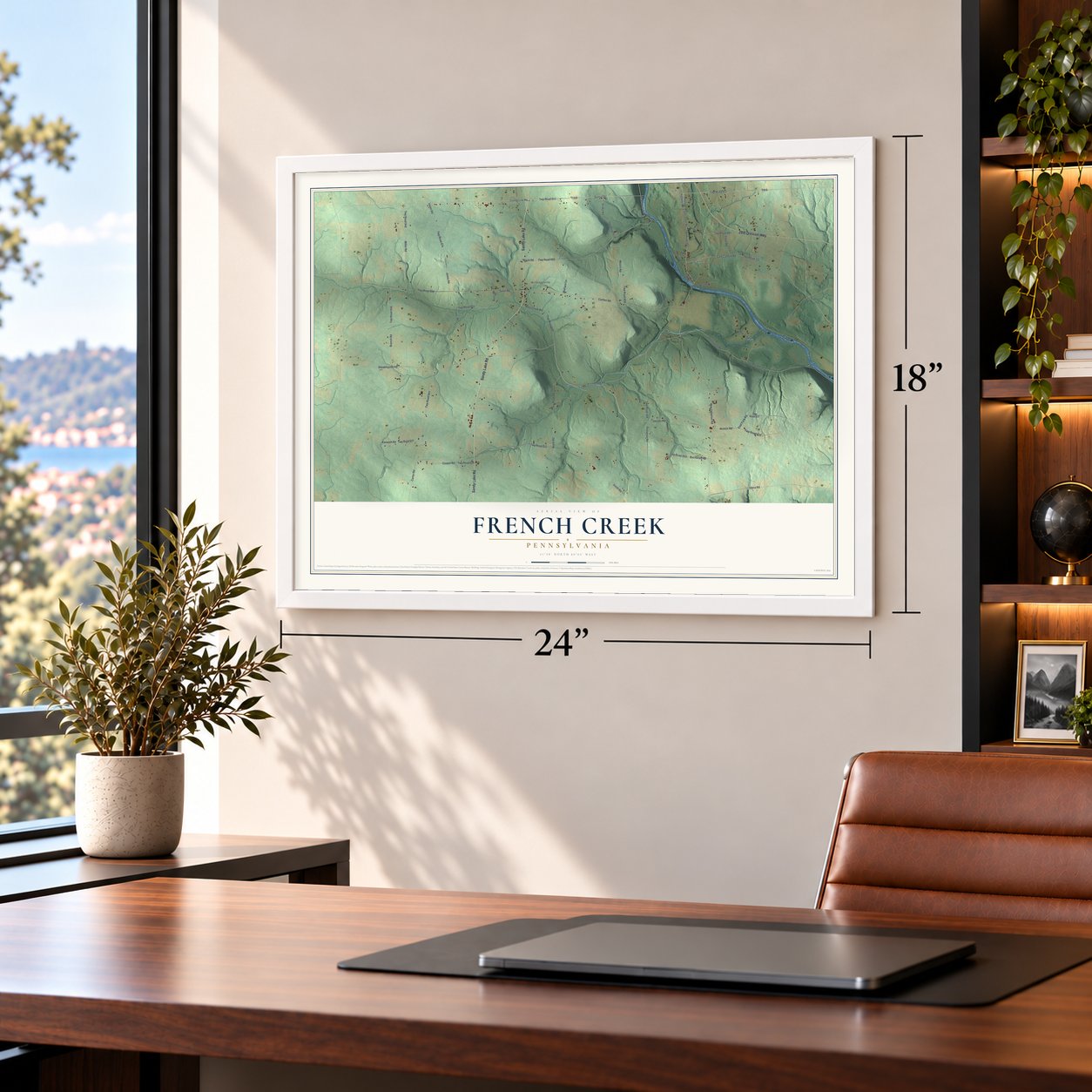 French Creek, Pennsylvania map, 18 x 24 inch print in a white frame in a home office