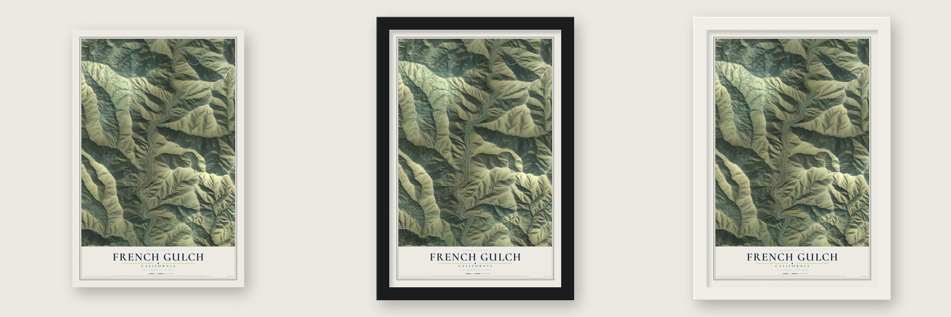 French Gulch, California map unframed, in a black wood frame and in a white wood frame