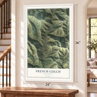French Gulch, California map, 24 x 36 inch print in a white frame by a staircase